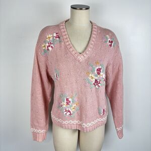 VTG 90s Exclusive Imports Womens L Pink Floral Cottagecore V-neck Sweater